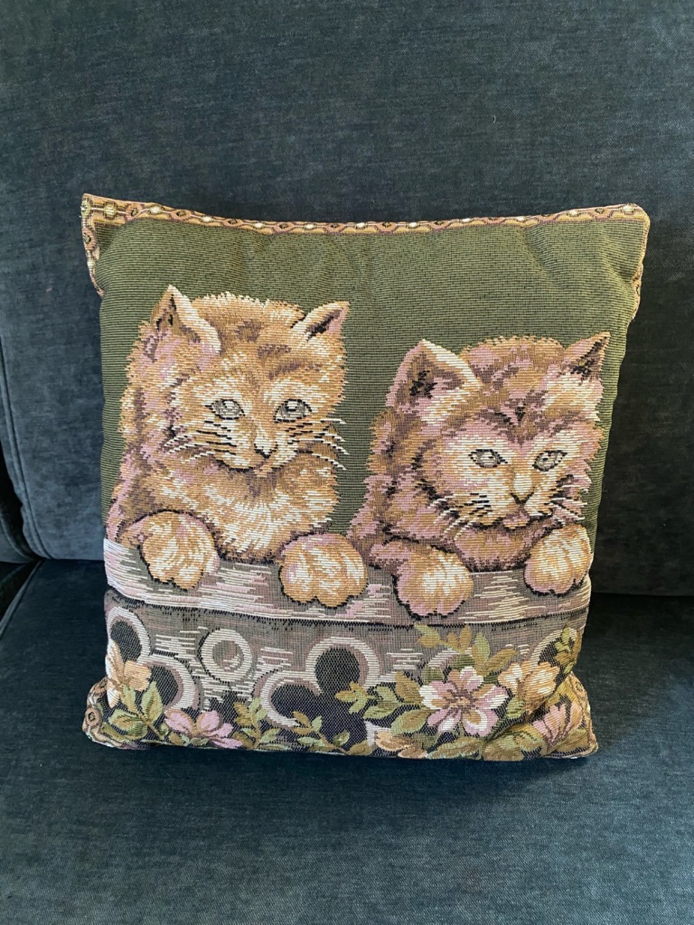 Vintage Tapestry Kitten Accent Pillow - Green, Pink and Tan